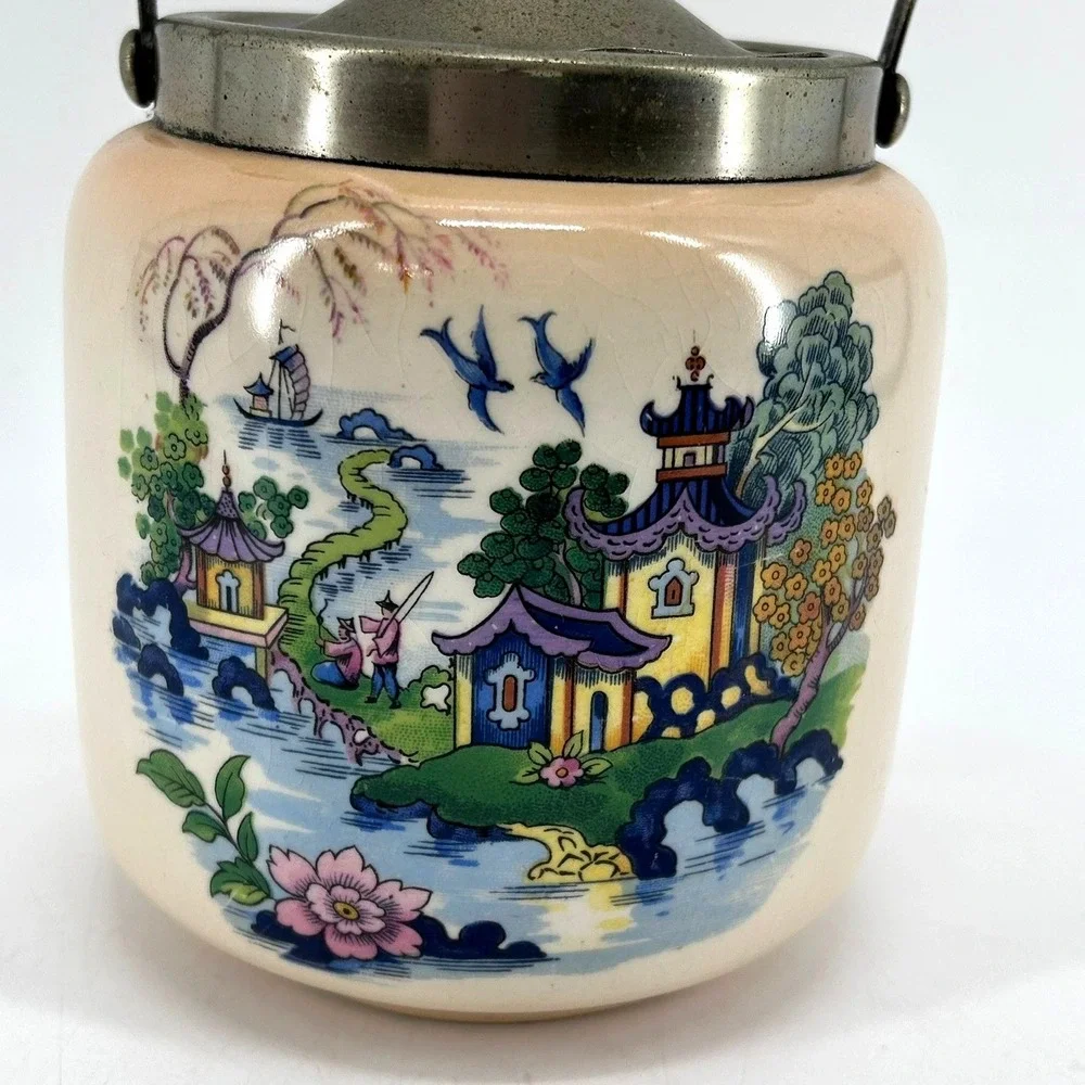 Vintage English Flosmaron Chinoiserie Ceramic Biscuit Barrel Pagoda Jar Lidded